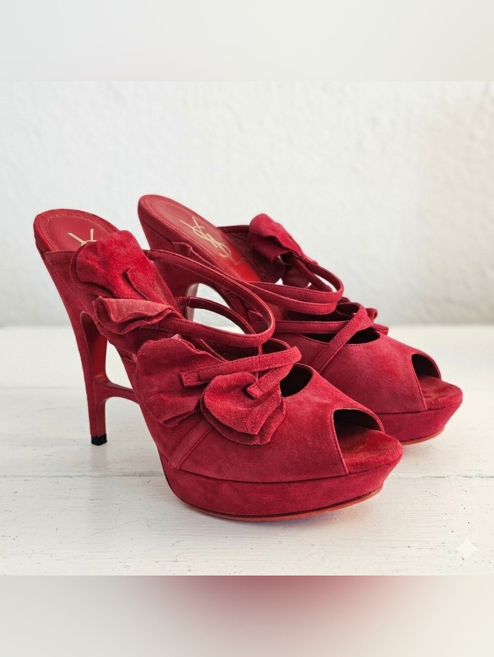 🔥 AUTHENTIC YSL Yves Saint Laurent Red Suede Bow Platform Heels Sz 37